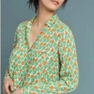 Anthropologie Green and Mustard Pear Print Button-Down Shirt